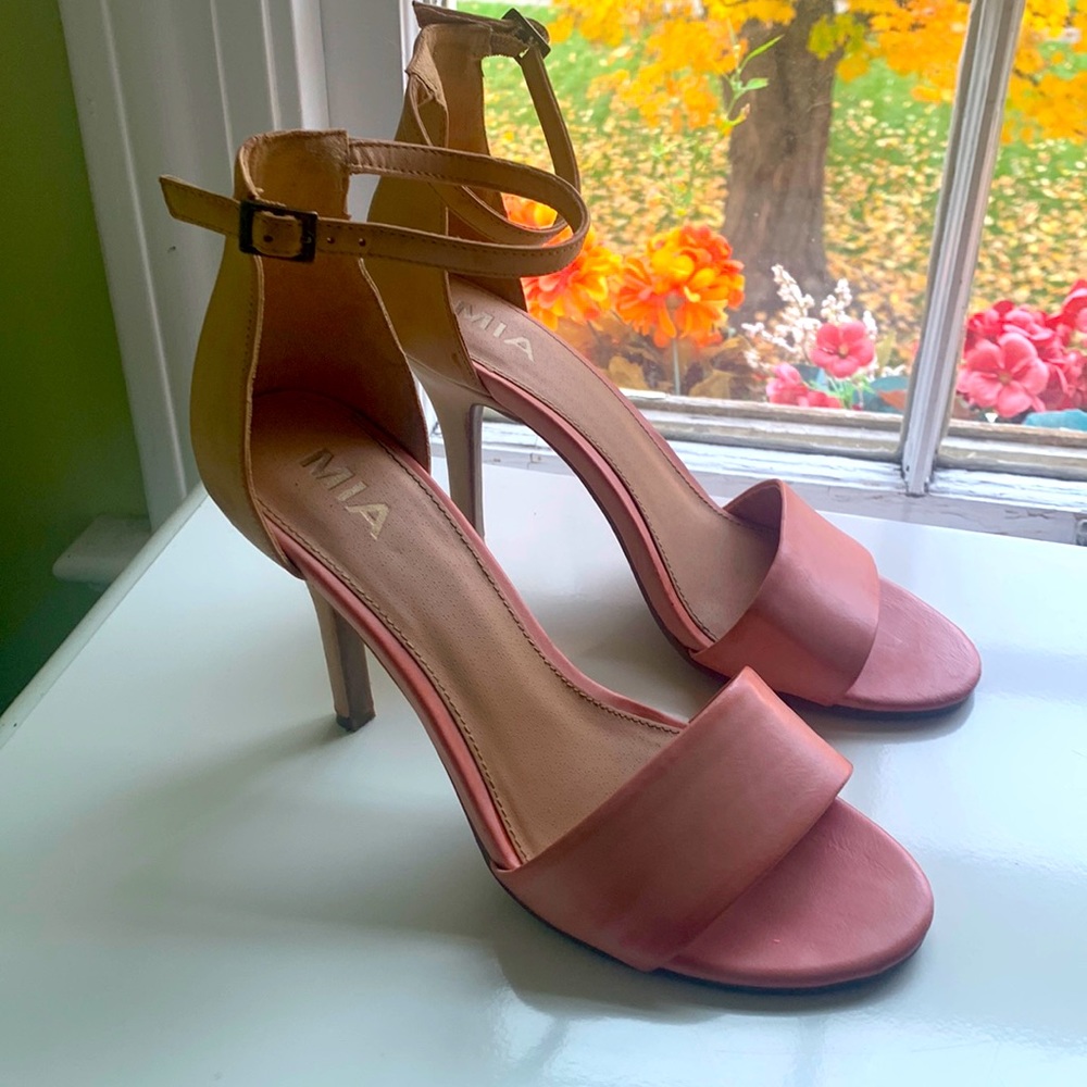 Ankle strap tan and coral MIA heels